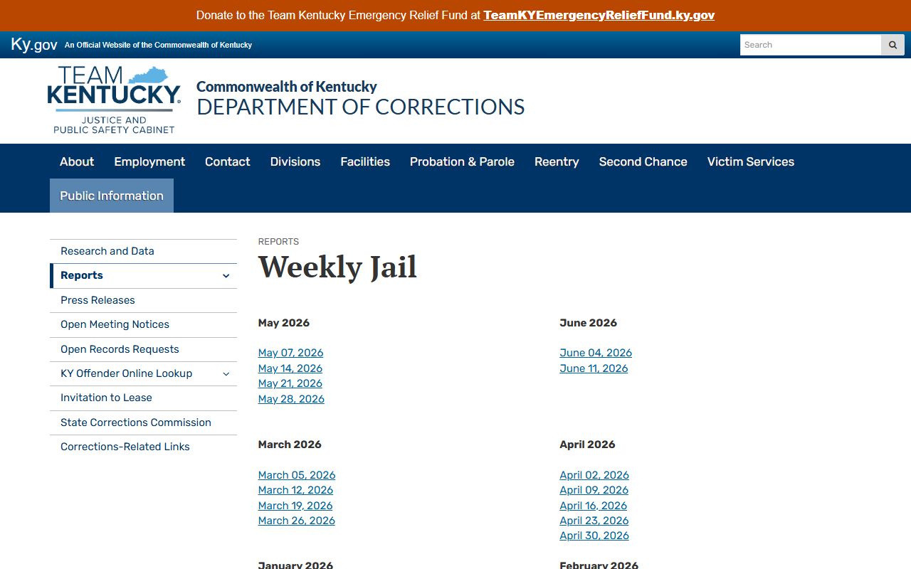 Kentucky weekly jail report source for Menifee County inmate population context