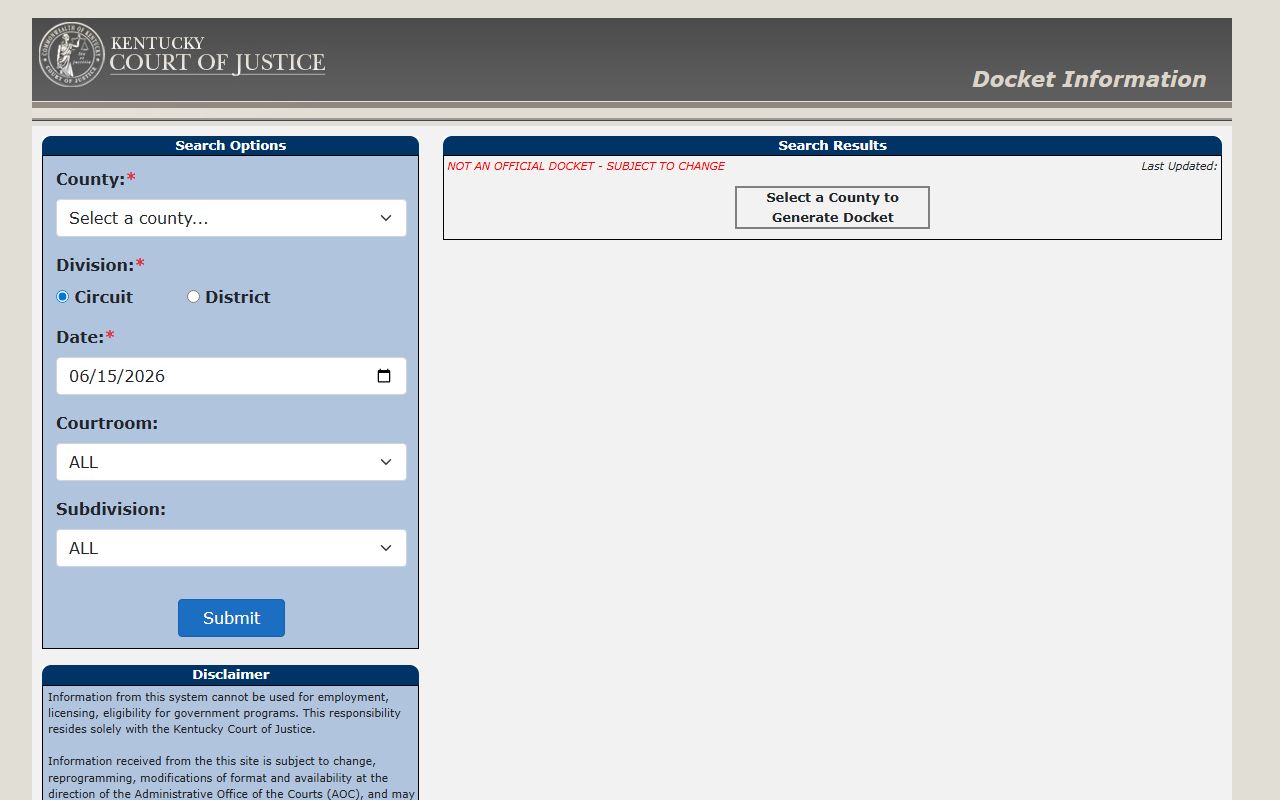 Menifee County court records after arrest Kentucky docket search fields