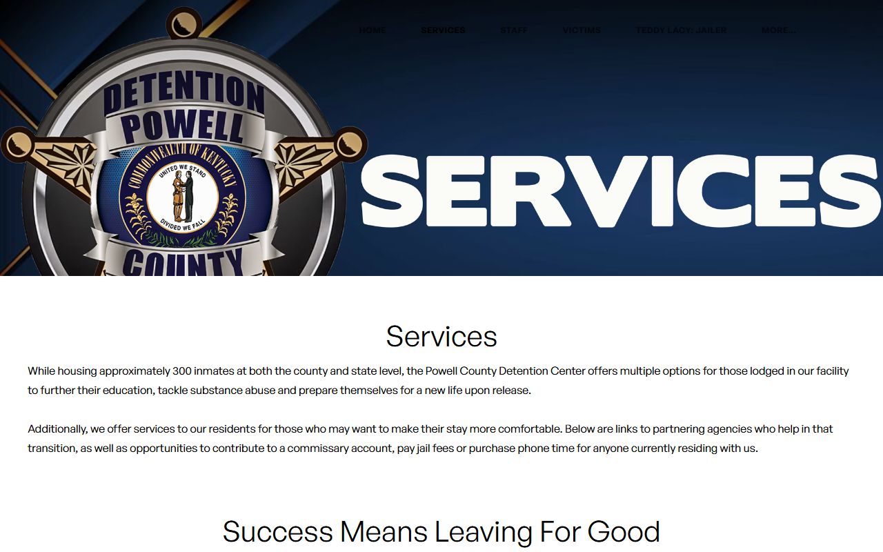 Powell County Detention Center services page with programs and population statement