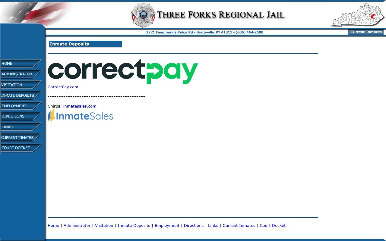 Three Forks Regional Jail inmate deposits page with CorrectPay and InmateSales links