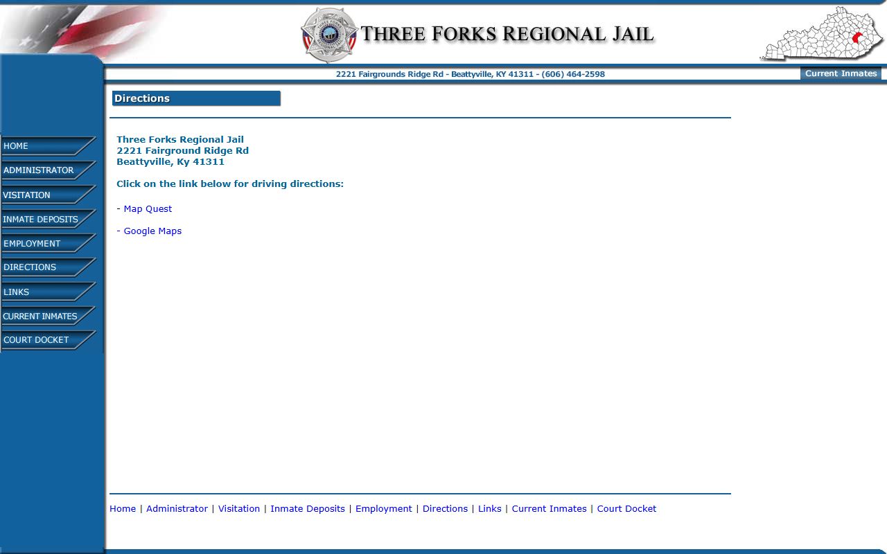 Three Forks Regional Jail directions page with Beattyville address