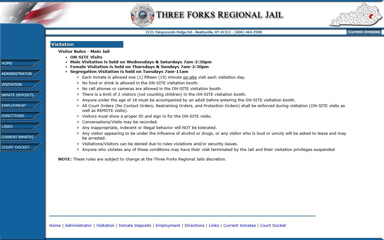 Three Forks Regional Jail visitation schedule and visitor rules